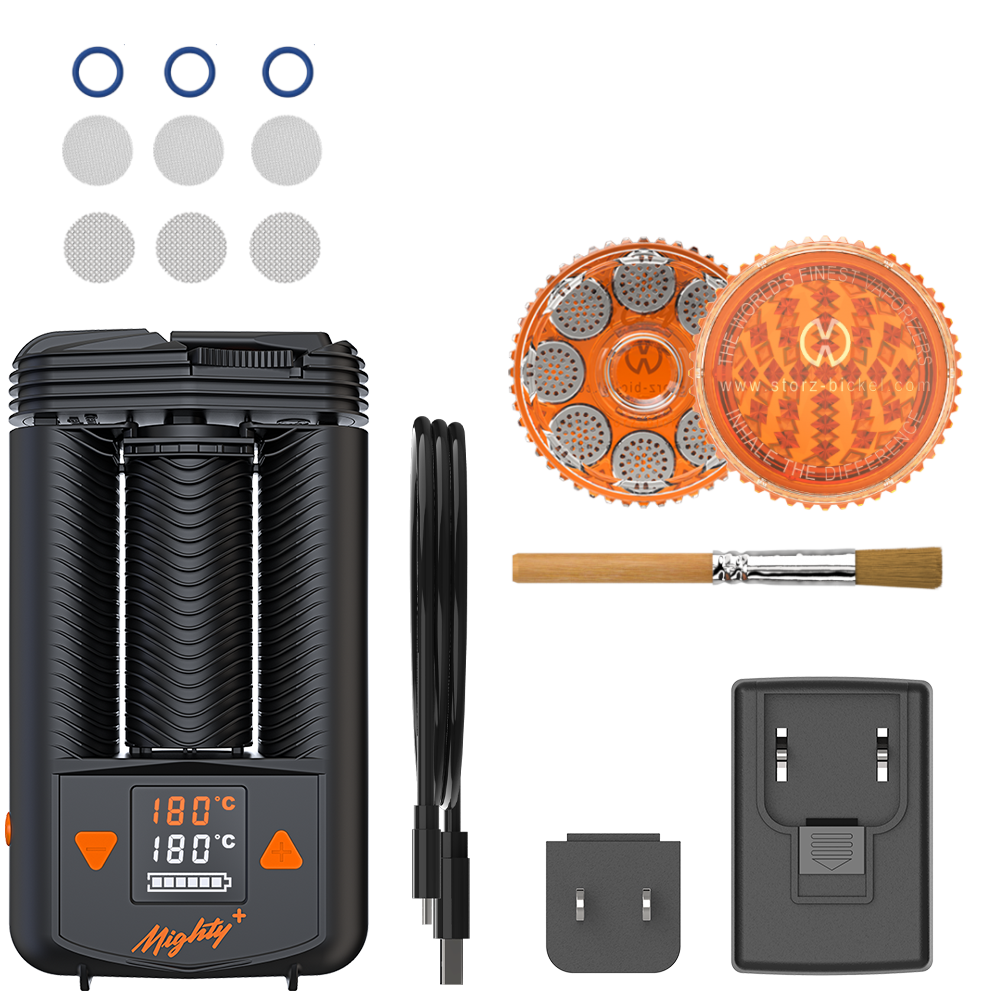 Storz & Bickel Mighty+ Medic Vaporizer mit Zubehör auf freigestelltem Hintergrund